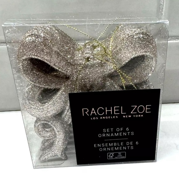 Rachel Zoe Gold Glitter Bow 4” Christmas Tree Ornaments Set of 6 NEW IN BOX - Picture 2 of 8